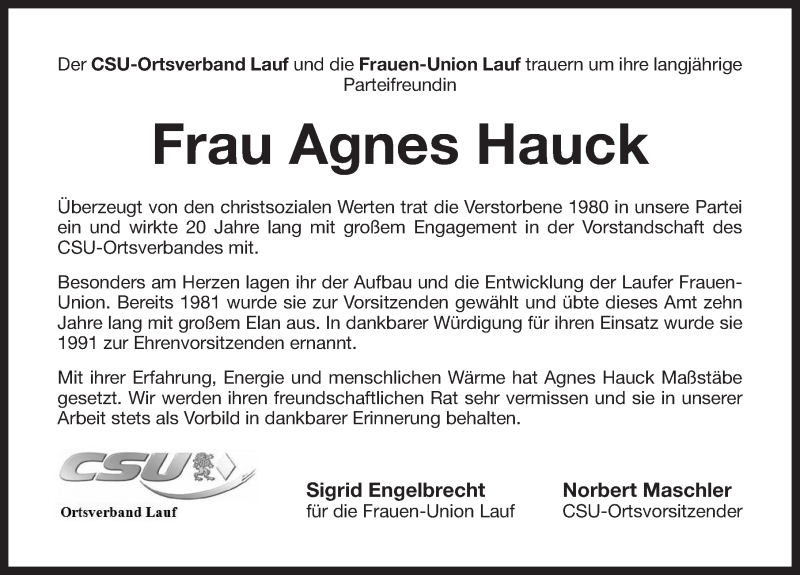  Traueranzeige für Agnes Hauck vom 02.07.2014 aus Pegnitz-Zeitung